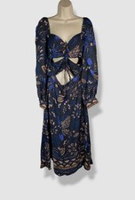 Farm Rio Women's Blue Macaw Forest Cutout Detail Long Sleeve Dress Size M