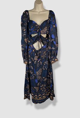 Farm Rio Women's Blue Macaw Forest Cutout Detail Long Sleeve Dress Size M