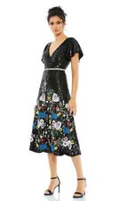 Mac Duggal Black Floral Embellished V Neck Flutter Sleeve Dress Size 6 $698