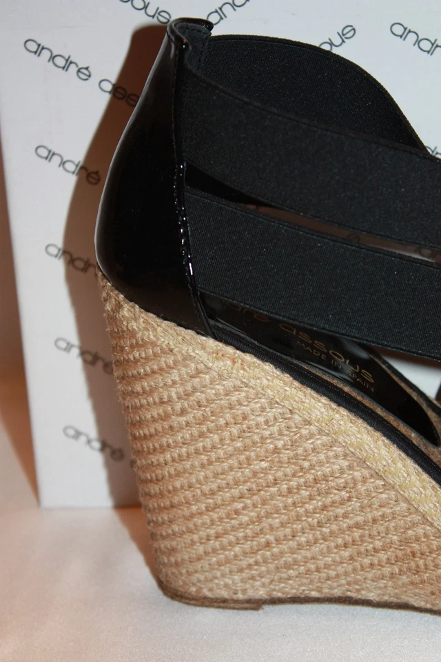 NEW NIB ANDRE ASSOUS Black Elasticized Straps Leather Jute Wedge Sandals 10 $235 - Image 4 of 4
