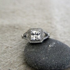 925 Sterling Silver Princess Cut Halo CZ Art Deco Engagement Ring Wedding Ring