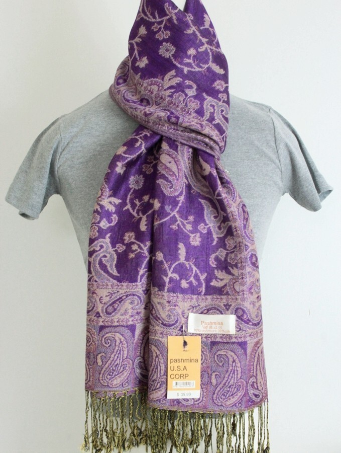 Pashmina Scarf Wrap Shawl Paisley Purple Beige Silk Cashmere.Soft 