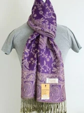 Pashmina Scarf Wrap Shawl Paisley Purple Beige Silk Cashmere.Soft