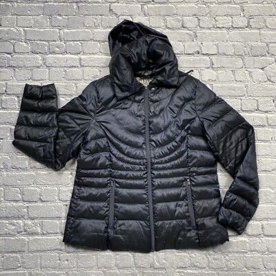 ANA Packable Premium Down Puffer Full Zip Jacket Coat Hooded Size XL Navy  *Read