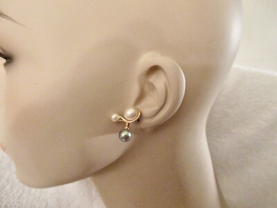 Vintage Majorica Pearl Modernist Earrings White Grey Gold Tone/Plated -- Superb!