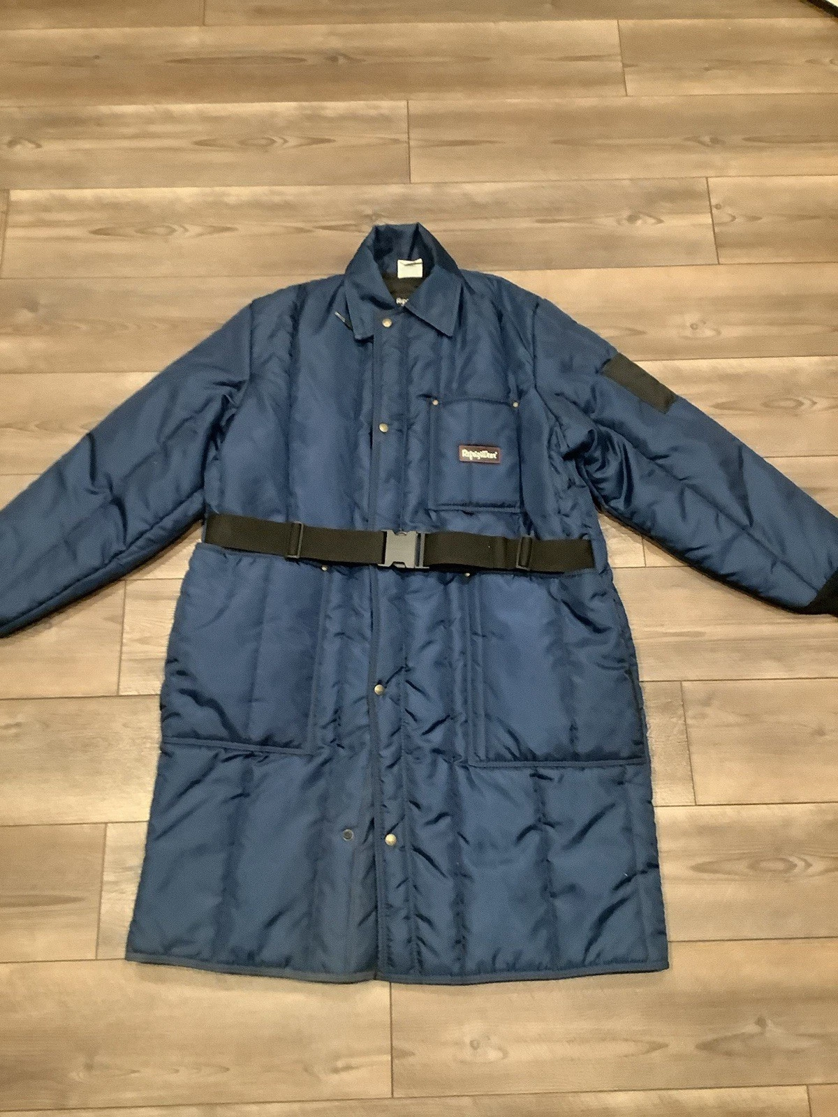 VINTAGE RefrigiWear Jacket Mens XL Navy Blue Puffer Long Coat Workwear Belted