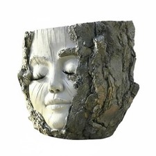 Tree Log Girl Face Flower Pot, Resin Art, Home Garden Decor