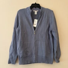 Hasting & Smith Full Zip Cardigan Sweater Petite Large PL Blue Cotton Blend NWT