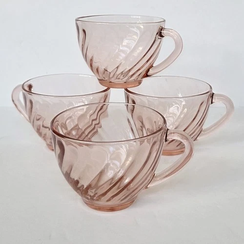 Arcoroc Pink Swirl Rosaline Teacup Set (Lot of 4) Vintage Depression Glass Cups