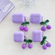For Airpods 4 3 2 1 Pro2 Purple Silicone Soft With Cherry Pendant Earphone Case