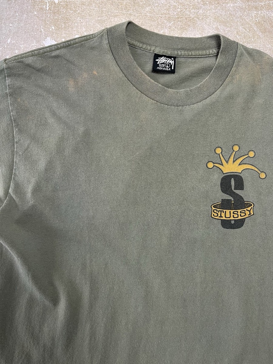 Vintage 90s Stussy T-shirt Made in USA Bended Crown Hat Army