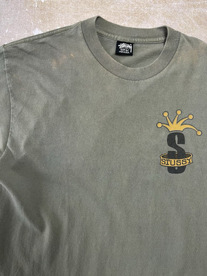 Vintage 90s Stussy T-shirt Made in USA Bended Crown Hat Army Olive