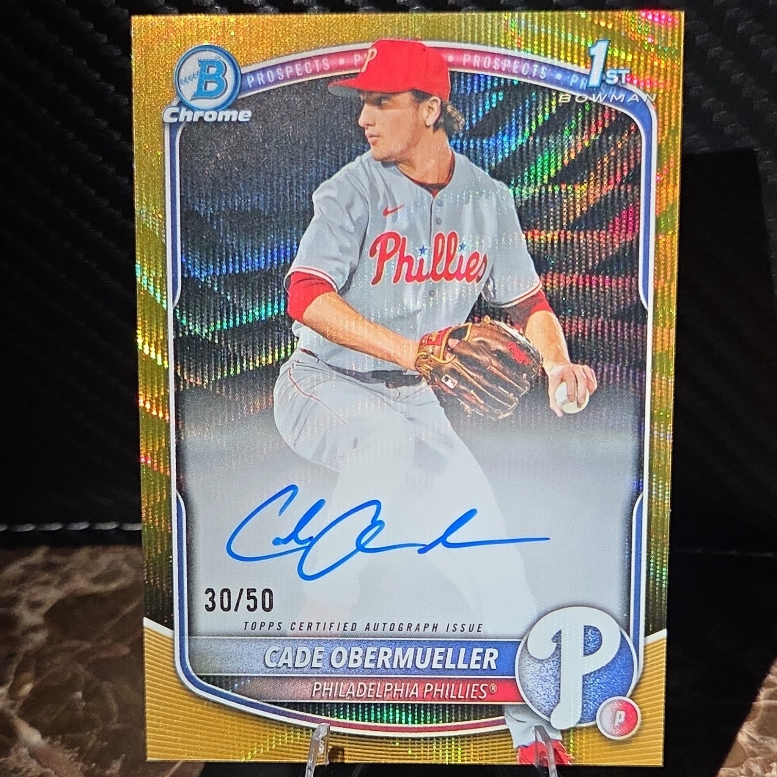 2025 Bowman Draft Chrome Cade Obermueller Phillies Gold Wave Auto RC #CPA-CO /50