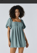 Halara Blue Solid Romper S Open Back Tie Pockets Puff Sleeve Square Neck