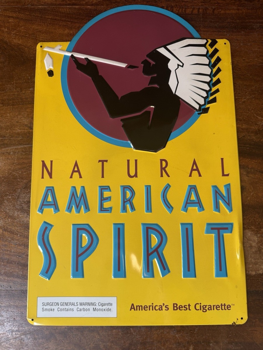 Vintage NATURAL AMERICAN SPIRIT Cigarettes Embossed Metal Tin Sign Indian  Chief