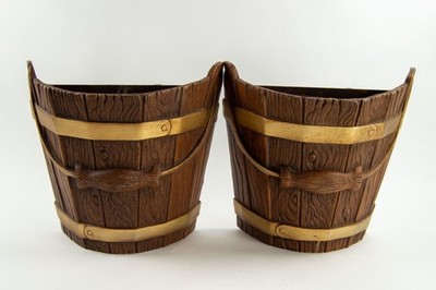 Vintage Set Of Wall Pocket Wood Water Pail Planters Made By Burwood #1306