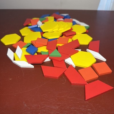 Geometric Pattern Blocks Lot Multi Color Shapes  Wood Wooden For Math 96 Blocks