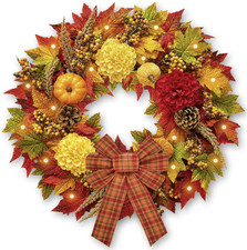 24 Inch Fall Wreaths for Front Door,Fall Door Wreath with Lights and Timer, A...