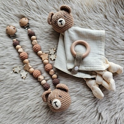 Kinderwagenkette 2er Set Teddy Bär Schmusetuch mit Glöckchen Geschenk zur Geburt