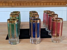 12 Moser Glass Tumbler Set 24k Gold Gilt Panel Cobalt Emerald Ruby Etched Floral