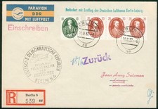 DDR R-Brief Erstflug Berlin-Leipzig 16.5.1957 sowie Sonderpostk. 700 Jahre Mokau