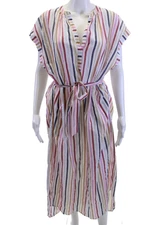 Xirena Womens Shirt Dress Multi Stripe Cotton Midi Short Sleeve Size L