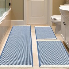 Waffle Bath Mat Set 3 Piece Blue Cream,Woven Modern Bath Rug Mats,