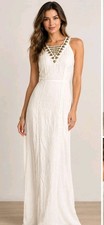 GUESS Off White Maxi Dress V-Neck  Open Back Embellished Size 2 Tribal,Boho NWT 