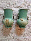 2 Roseville 6" double handle green vases, no chips