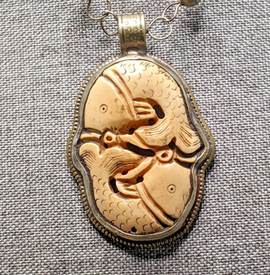 Vintage Silver Carved Double Fish Tribal Tibetan Necklace Pendent Belly Dance