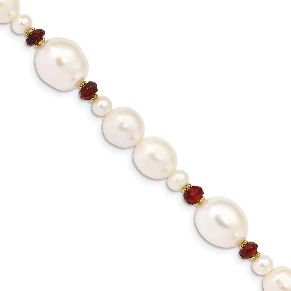 14K Solid Two Tone Gold Freshwater Cultured Pearl Garnet Bead Tennis Bracelet - Image 3 of 4