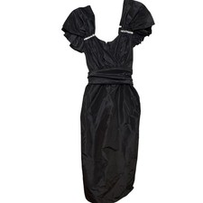 1980's Black Pouf Sleeve Satin Bejeweled Maxi Length Miss Baker Evening Dress