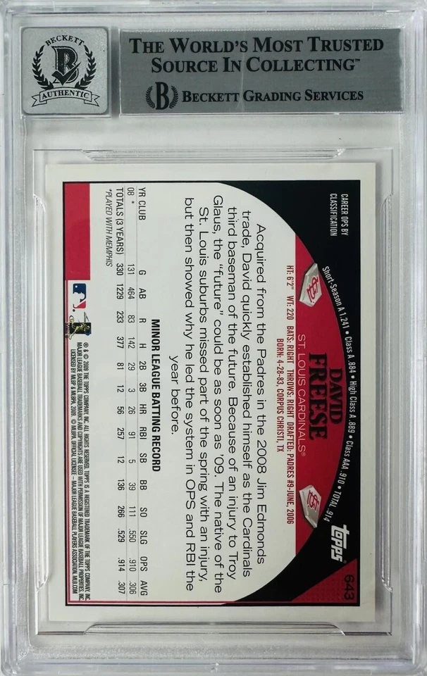 DAVID FREESE SIGNED 2009 TOPPS ROOKIE RC CARD AUTOGRAPH ST. LOUIS CARDINALS BAS  - Image 3 of 3
