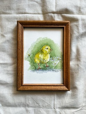 Original Watercolor Painting Baby Chick /w Wooden Frame Easter Nursery Decor 5x7