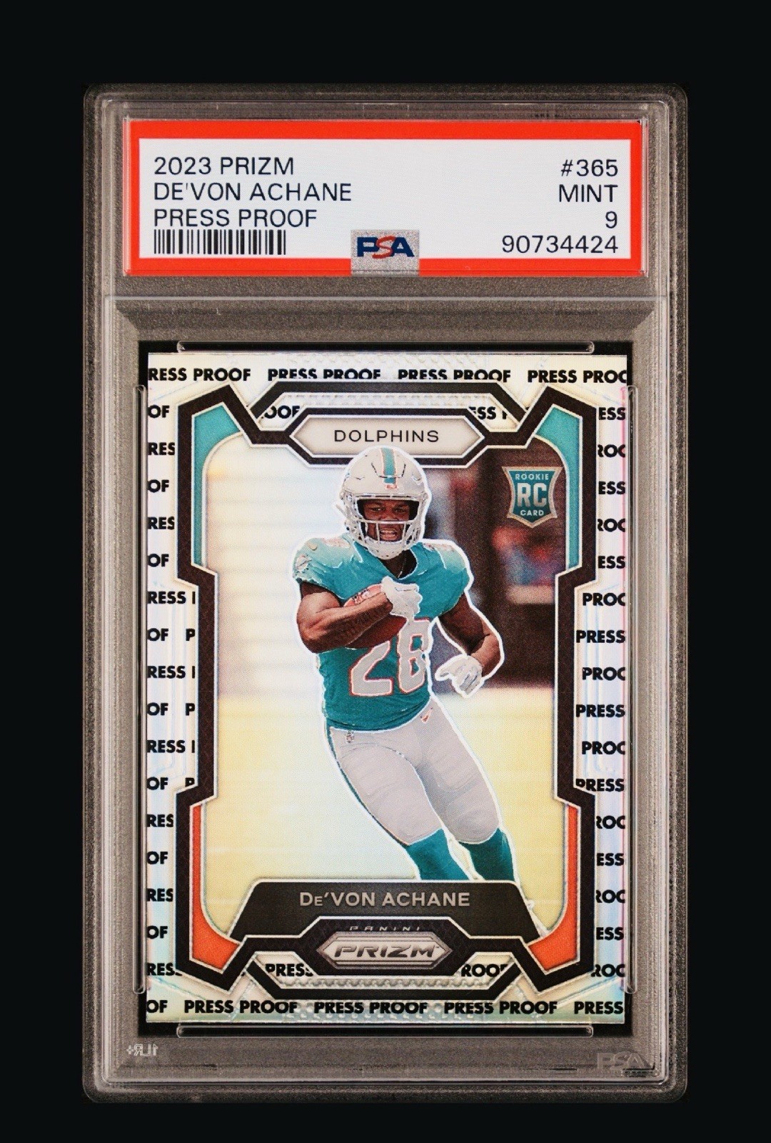 2023 Panini Prizm De’Von Achane RC #365 Press Proof SSP PSA MINT 9