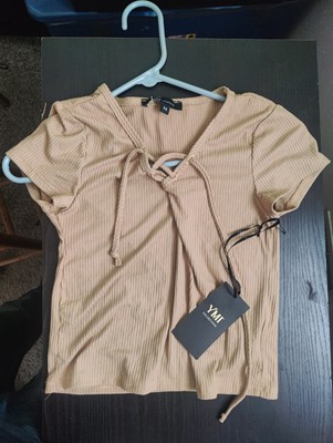 YMI Collection  Crop Top T-Shirt Size M Beige V-Neck