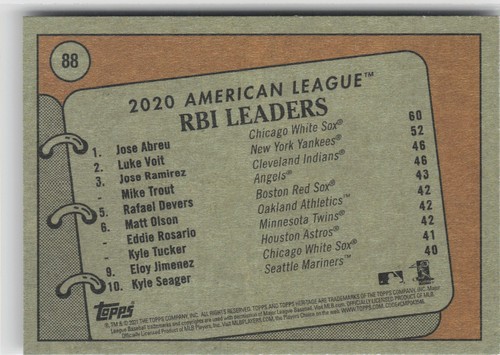 2021 Topps Heritage #88 2020 AL RBI Leaders Jose/Luke/Jose/Mike - Picture 2 of 2