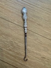 Antique Sterling Silver Handle Button Hook Floral  Scrolling Design w/ Monogram