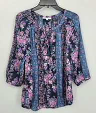 Daniel Rainn DR2 Top Womens Medium Blue Floral Balloon Sleeve Boho Romantic