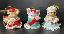 3 Jasco Caring Critters Chimers Bell Christmas Ornament  Hand Painted Vintage