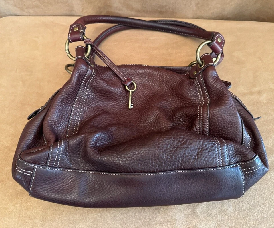 Fossil Leather shoulder bag purse hobo Brown key slouch tote 75082
