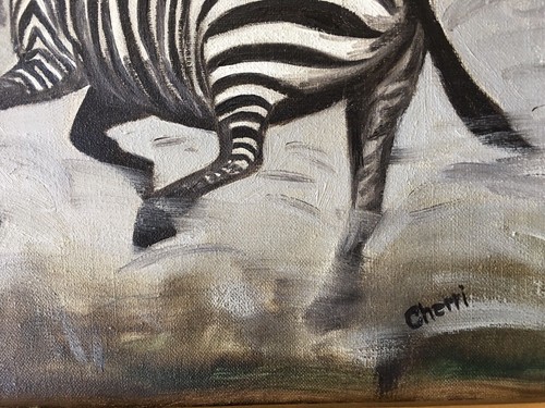 ZEBRA OIL PAINTING SIGNED FRAMED TREES 3 ZEBRAS RUNNING SIGNED CHERRI AFRICA - Picture 7 of 8