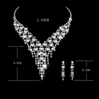 Crystal Diamante White Pearls Silver Necklace Earrings Set Costume