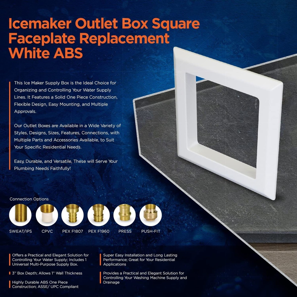 Icemaker Outlet Box Square Faceplate Replacement White ABS New