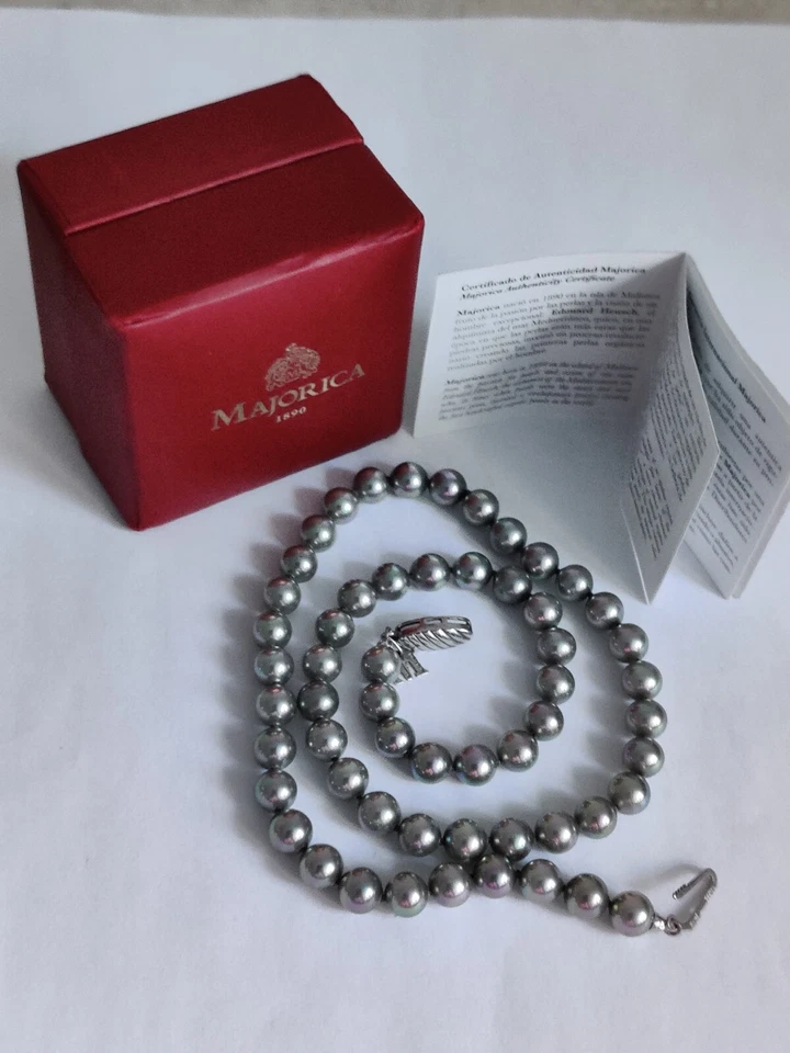 Majorica Tahitian Glass Pearls 6mm Necklace 18" Box Certificate 925 Sterling  - Image 2 of 4