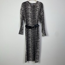 Zara Tiger Animal Print Knit Long Sleeve Crewneck Belted Midi Dress Medium