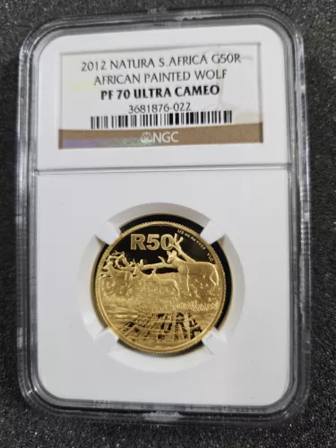 🌟 2012 South Africa 50 Rand Natura 1/2 oz 9999 Proof Gold NGC PF70 African Wolf