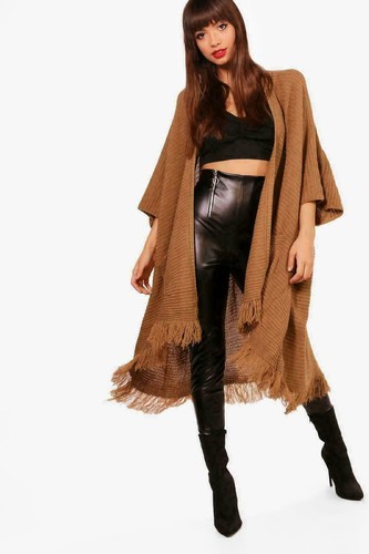Women’s Ladies Cardigan Oversized Ribbed Knitted Pocket Long Cape Tassels - Picture 5 of 5