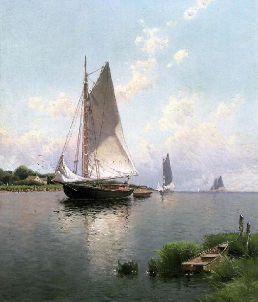Fine Oil painting Blue Point, Long Island Sail boats on river & canoe