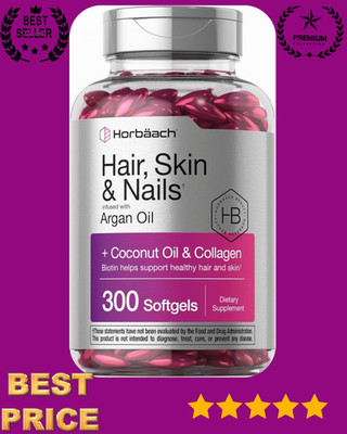 Hair Skin and Nails Vitamins | 300 Softgels | Biotin and Collagen | by Horbaach